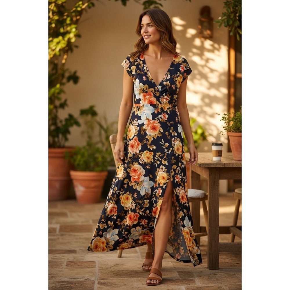 Velvet Torch Floral Print V-Neck Leg Slit Short Sleeve Maxi Dress Women's Sz XL